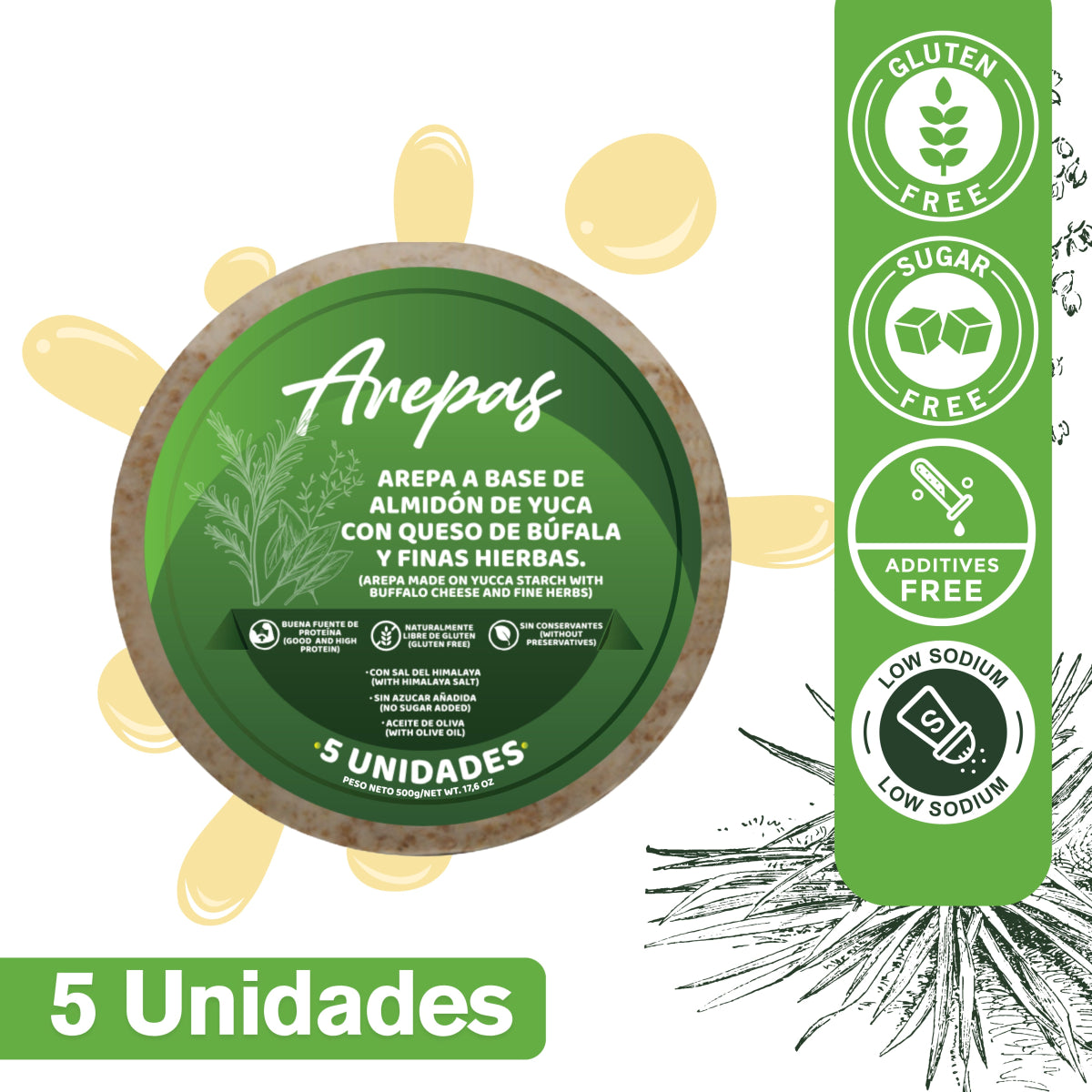 AREPAS ALMIDON DE YUCA, FINAS HIERBAS CON QUESO MOZARELLA DE BUFALA - somosfit