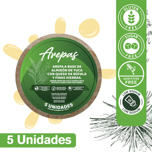 AREPAS ALMIDON DE YUCA, FINAS HIERBAS CON QUESO MOZARELLA DE BUFALA - somosfit