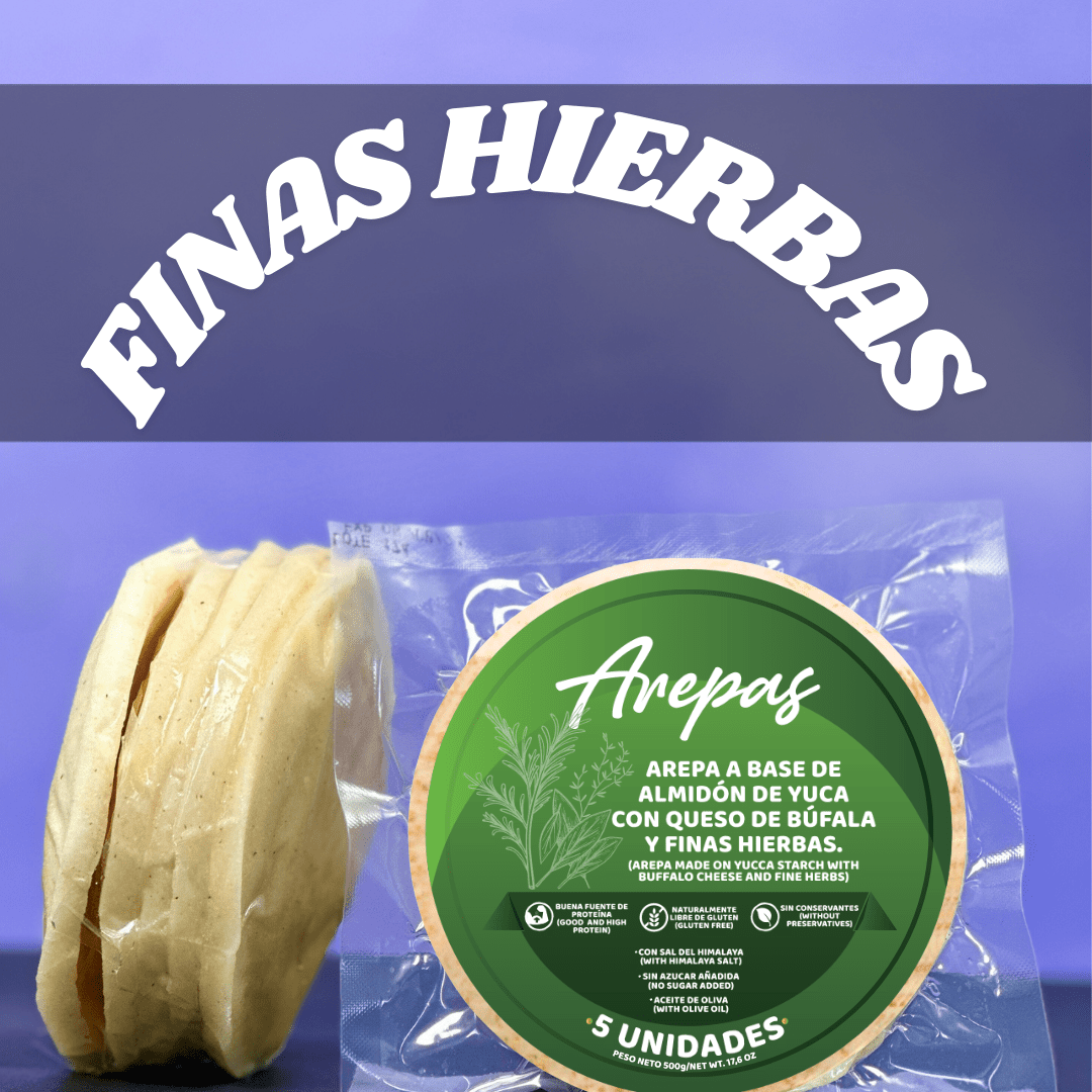 AREPAS ALMIDON DE YUCA, FINAS HIERBAS CON QUESO MOZARELLA DE BUFALA - somosfit