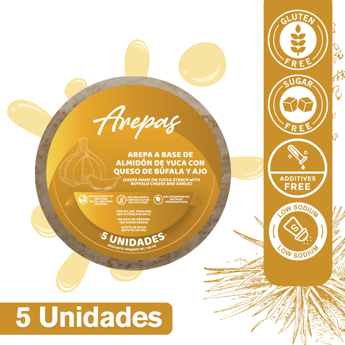 AREPAS ALMIDON DE YUCA SABOR AJO CON QUESO MOZARELLA DE BUFALA - somosfit