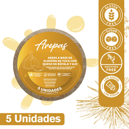 AREPAS ALMIDON DE YUCA SABOR AJO CON QUESO MOZARELLA DE BUFALA - somosfit