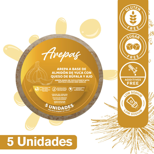 AREPAS ALMIDON DE YUCA SABOR AJO CON QUESO MOZARELLA DE BUFALA - somosfit