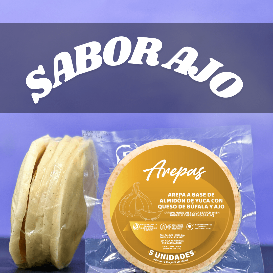 AREPAS ALMIDON DE YUCA SABOR AJO CON QUESO MOZARELLA DE BUFALA - somosfit